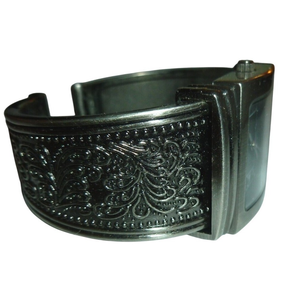 Silver Tone Filigree Cuff Bangle Watch Black Roman Numeral‎ Dial Jewelry